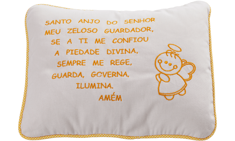 Almofada com Oração do Santo Anjo com acabamento em cordão vivo - cor amarelo.