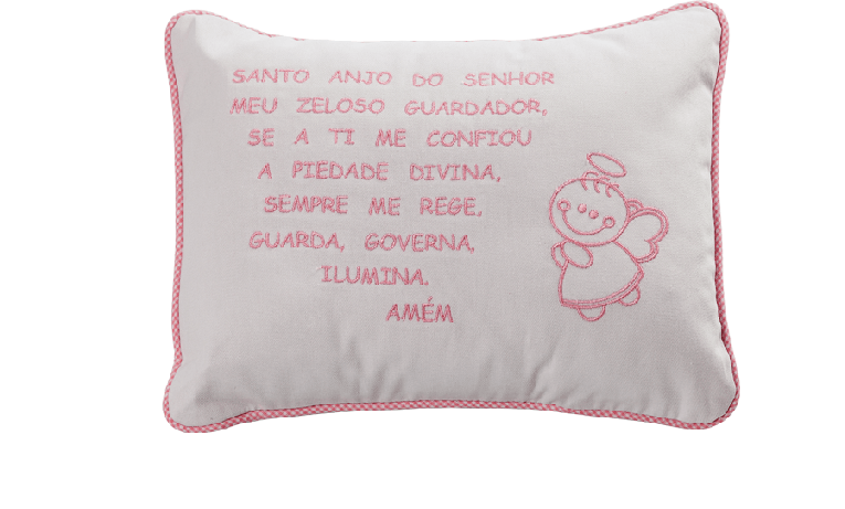 Almofada com Oração do Santo Anjo com acabamento em cordão vivo - cor rosa.