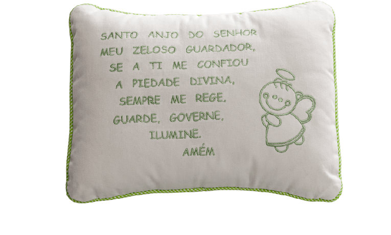 Almofada com Oração do Santo Anjo com acabamento em cordão vivo - cor verde.