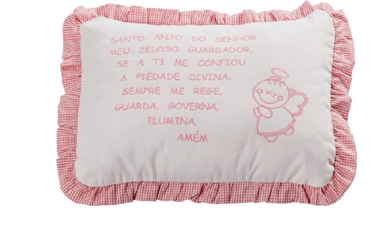 Almofada com Oração do Santo Anjo com acabamento em franzido - cor rosa.