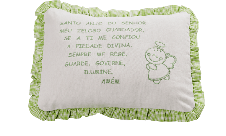 Almofada com Oração do Santo Anjo com acabamento em franzido - cor verde.