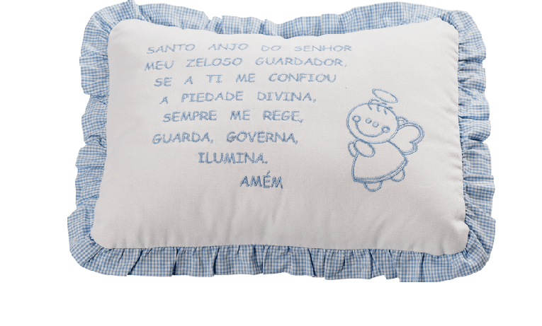 Almofada com Oração do Santo Anjo com acabamento em franzido - cor azul.